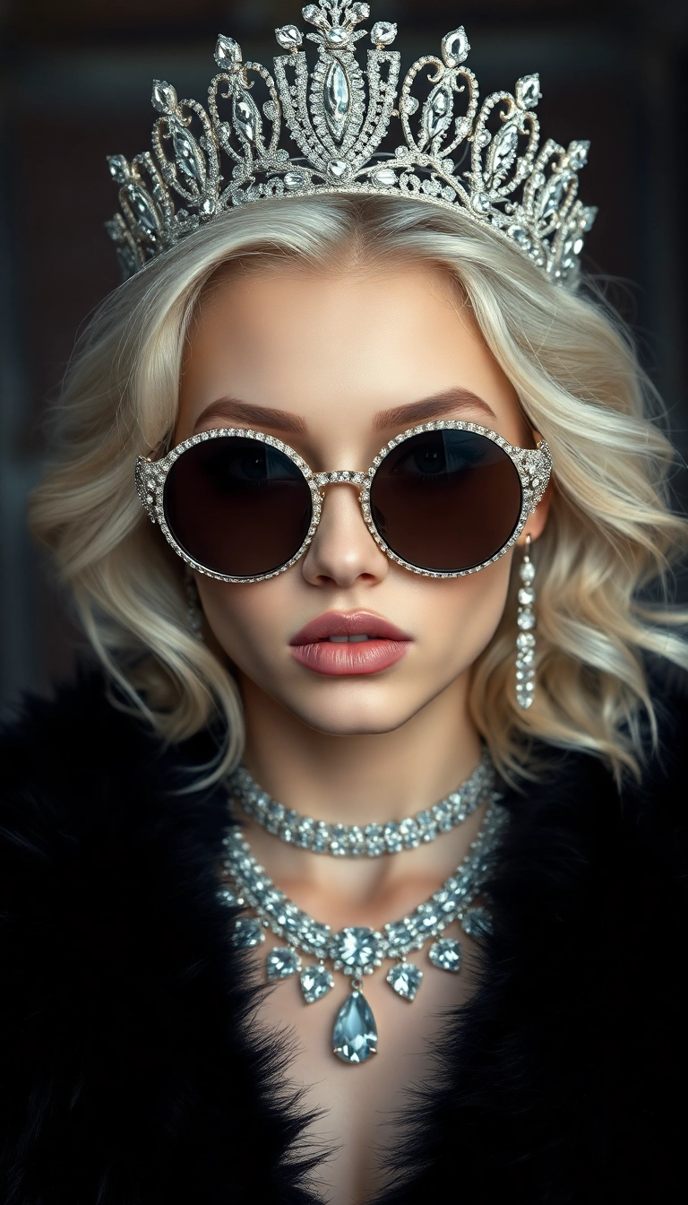 Free AI Young Platinum Blonde Queen in Black Fur iPhone Well-Lit Background